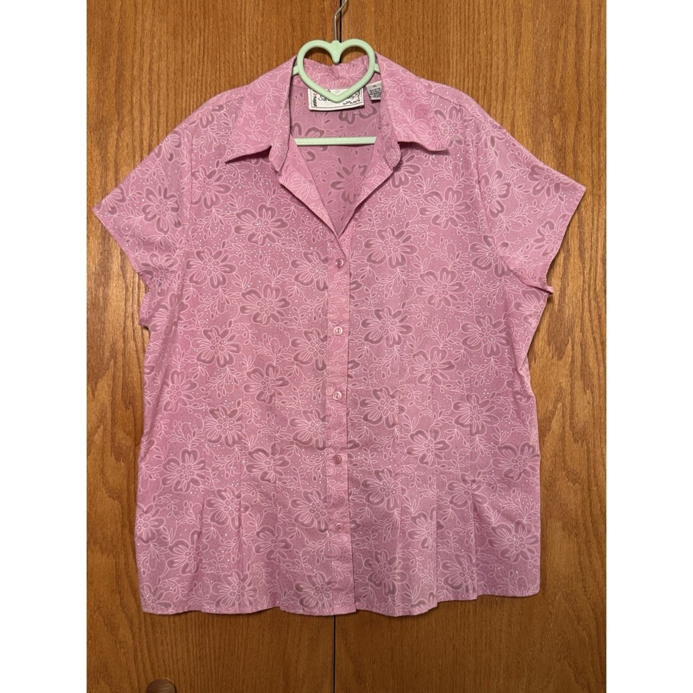 Sarah Bentley Shirt Wm XL Pink Short Sleeve Button Down VTG Floral Silver Thread